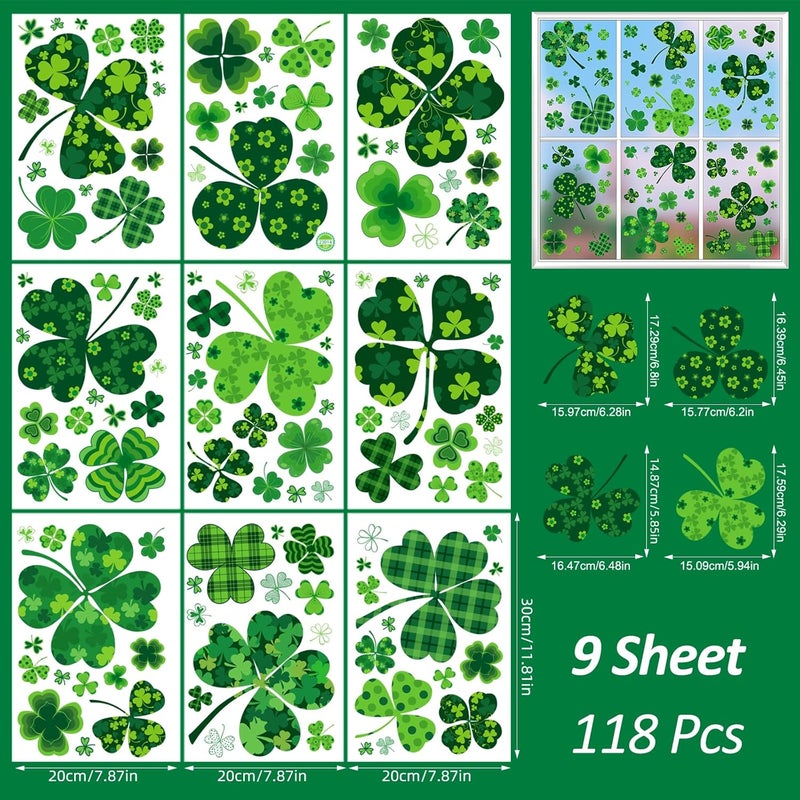 JCFIRE 118 Pcs St Patricks Day Decorations, 8 Sheets Extra Large Shamrock Stickers Window Clings Decor, St Patricks Day Accessories, Reusable Saint Party Supplies for Home Office School - Image 2